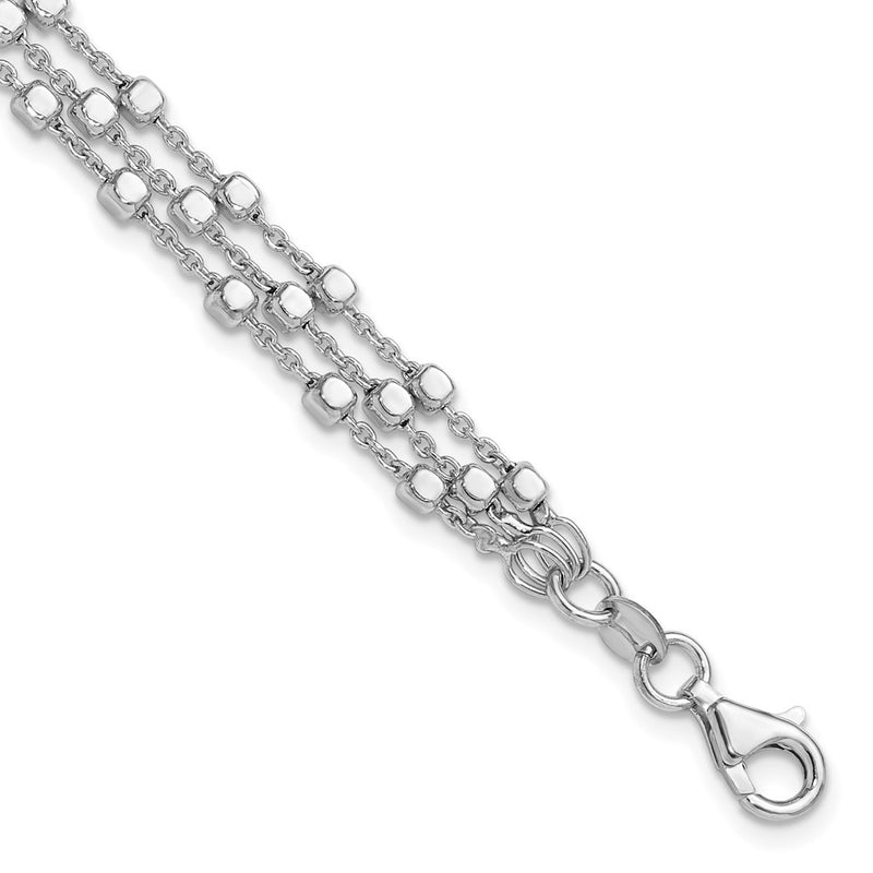 Sterling Silver Rh Plt 3 Strand Beaded 7.5In 1In Ext. Bracelet