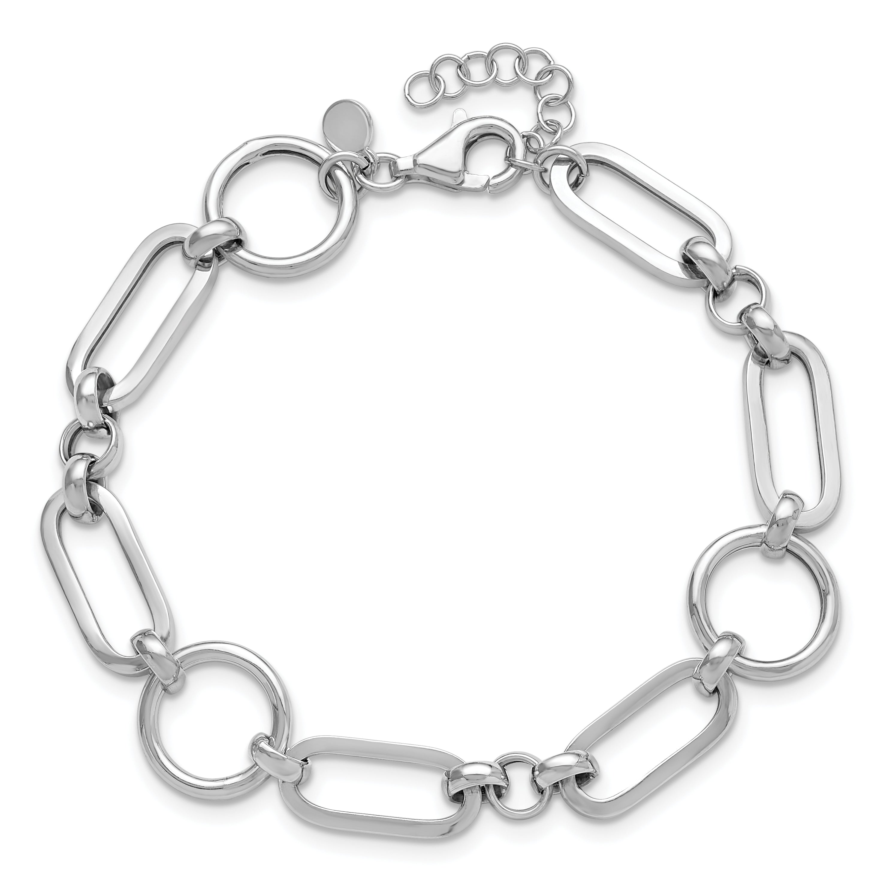 Sterling Silver Rh Plated Polished Fancy Link W/ 1In Ext. Bracelet