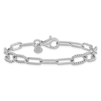 Sterling Silver Rh Plated Polished/Textured Fancy Link Bracelet