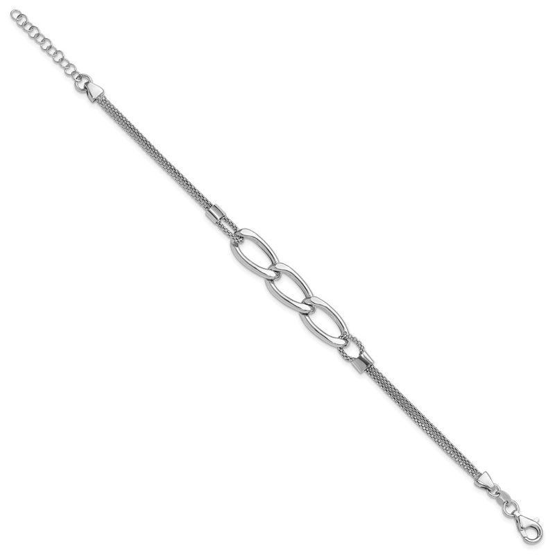 Sterling Silver Rh Plat Polished Multi Strand 1In Ext. Bracelet