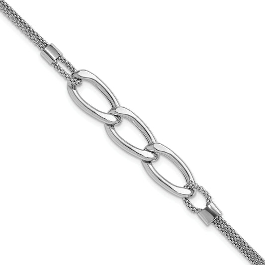 Sterling Silver Rh Plat Polished Multi Strand 1In Ext. Bracelet