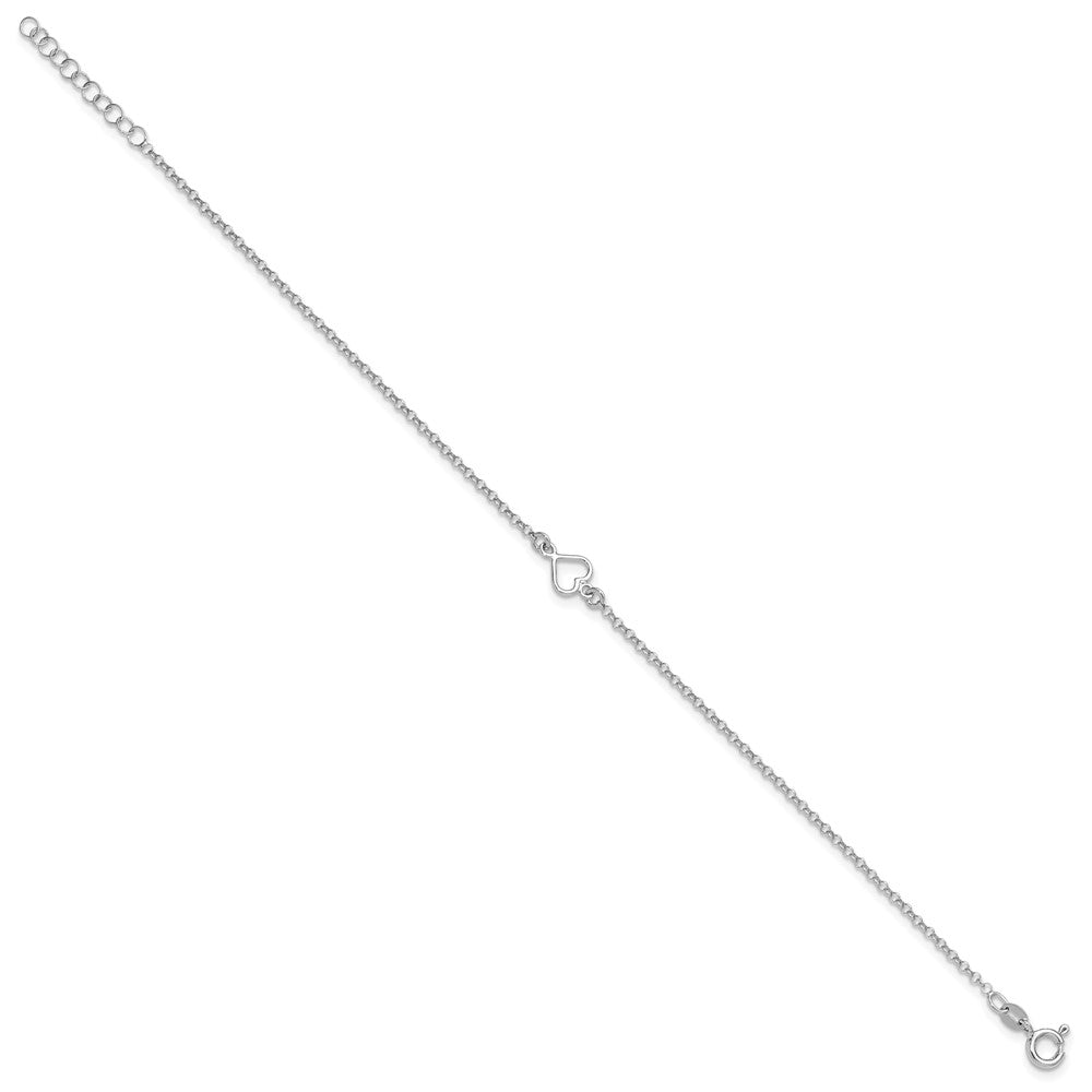 Sterling Silver Rhodium Plated Polished Heart 9in Plus 1in Ext. Anklet