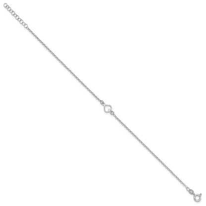 Sterling Silver Rhodium Plated Polished Heart 9in Plus 1in Ext. Anklet
