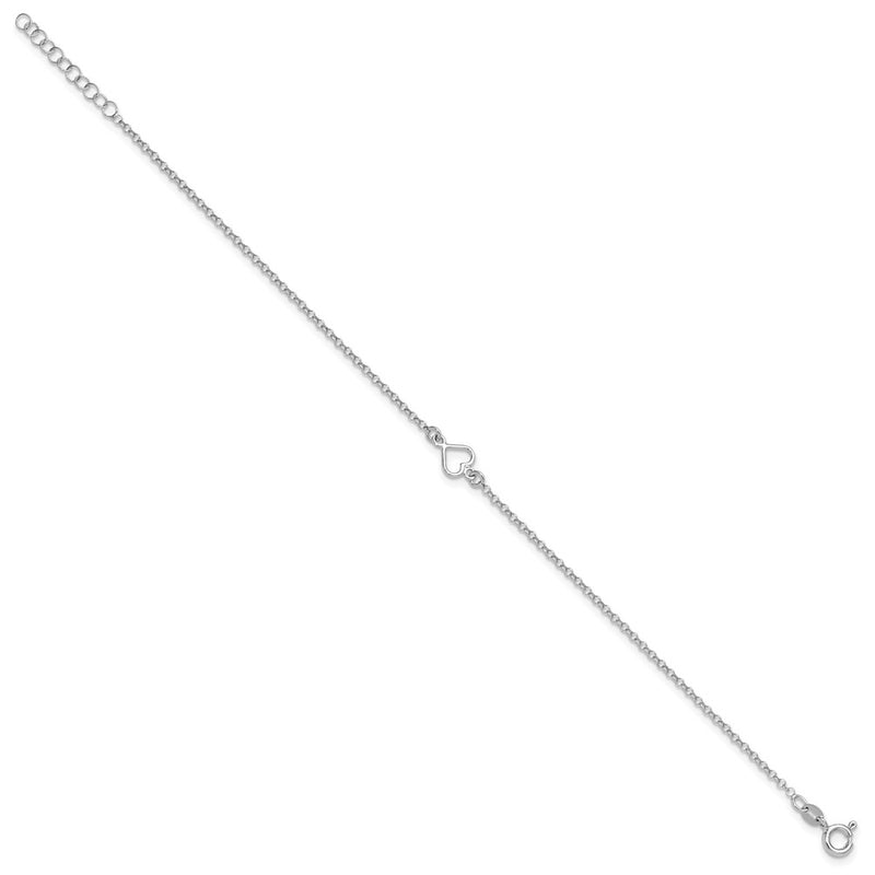 Sterling Silver Rhodium Plated Polished Heart 9in Plus 1in Ext. Anklet