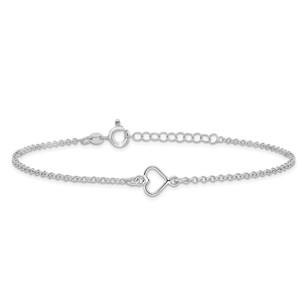 Sterling Silver Rhodium Plated Polished Heart 9in Plus 1in Ext. Anklet