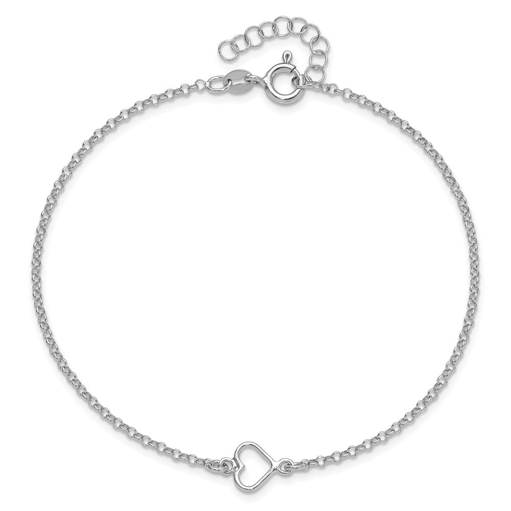 Sterling Silver Rhodium Plated Polished Heart 9in Plus 1in Ext. Anklet