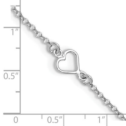 Sterling Silver Rhodium Plated Polished Heart 9in Plus 1in Ext. Anklet