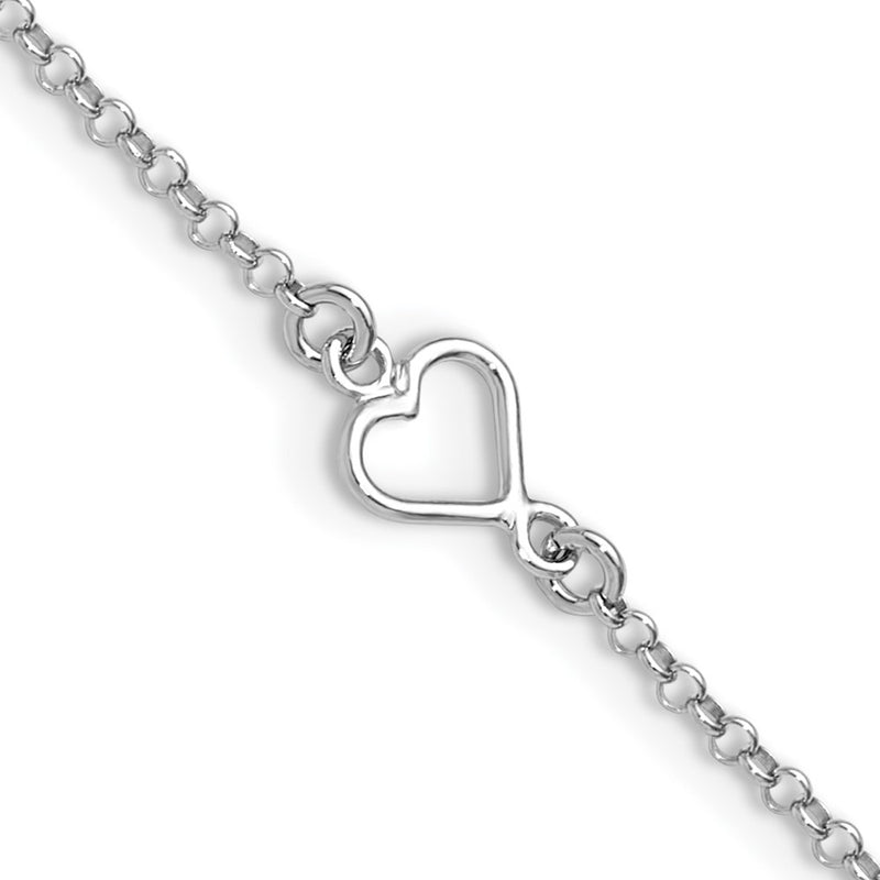 Sterling Silver Rhodium Plated Polished Heart 9in Plus 1in Ext. Anklet