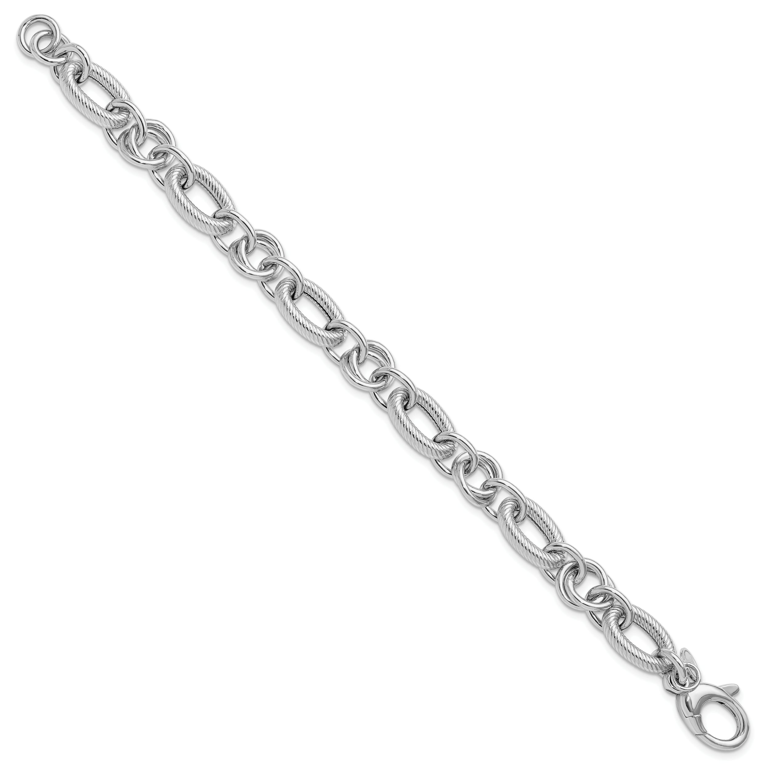 Sterling Silver Ss Rh Plated Polished/Textured Fancy Link W/.25In Ext. Bracelet