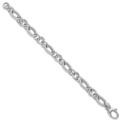 Sterling Silver Ss Rh Plated Polished/Textured Fancy Link W/.25In Ext. Bracelet