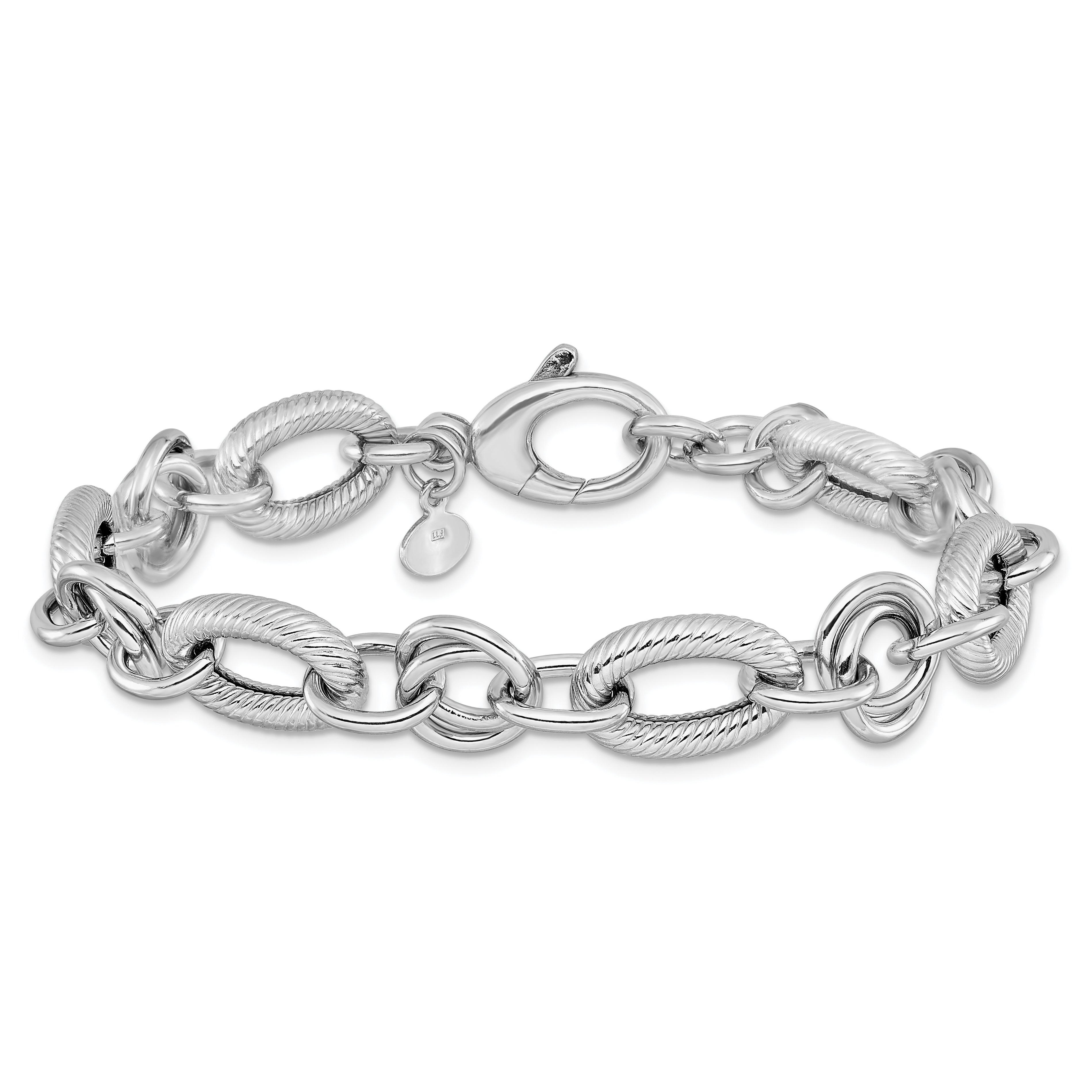 Sterling Silver Ss Rh Plated Polished/Textured Fancy Link W/.25In Ext. Bracelet
