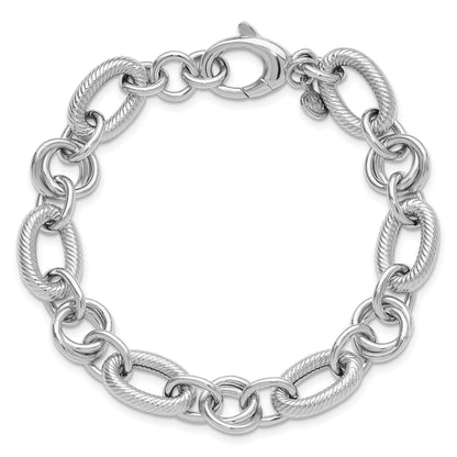 Sterling Silver Ss Rh Plated Polished/Textured Fancy Link W/.25In Ext. Bracelet