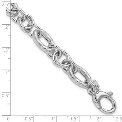 Sterling Silver Ss Rh Plated Polished/Textured Fancy Link W/.25In Ext. Bracelet