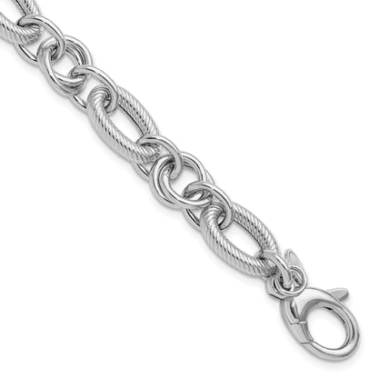 Sterling Silver Ss Rh Plated Polished/Textured Fancy Link W/.25In Ext. Bracelet