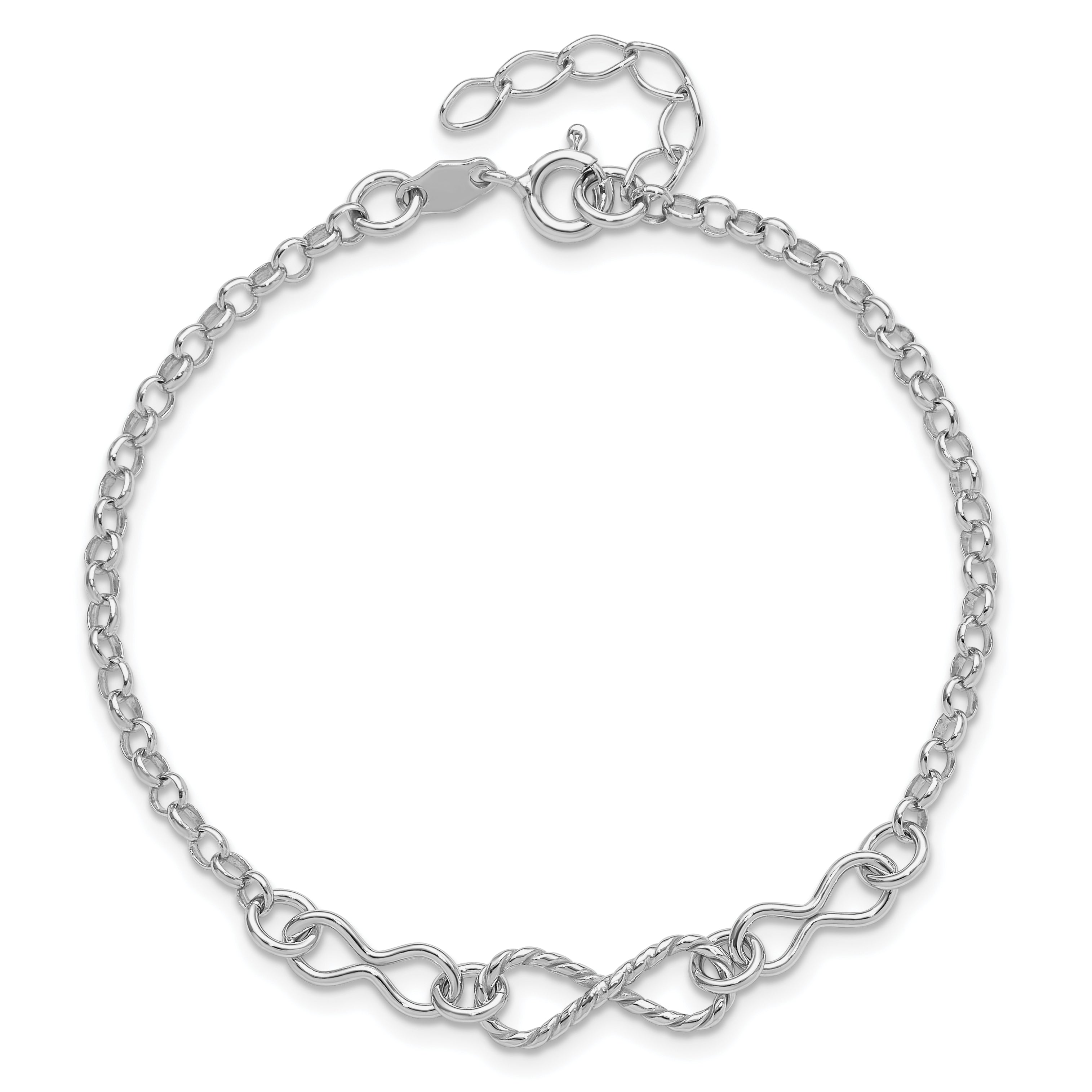 Sterling Silver Rhodium Plt Twisted Infinity 1In Ext. Bracelet