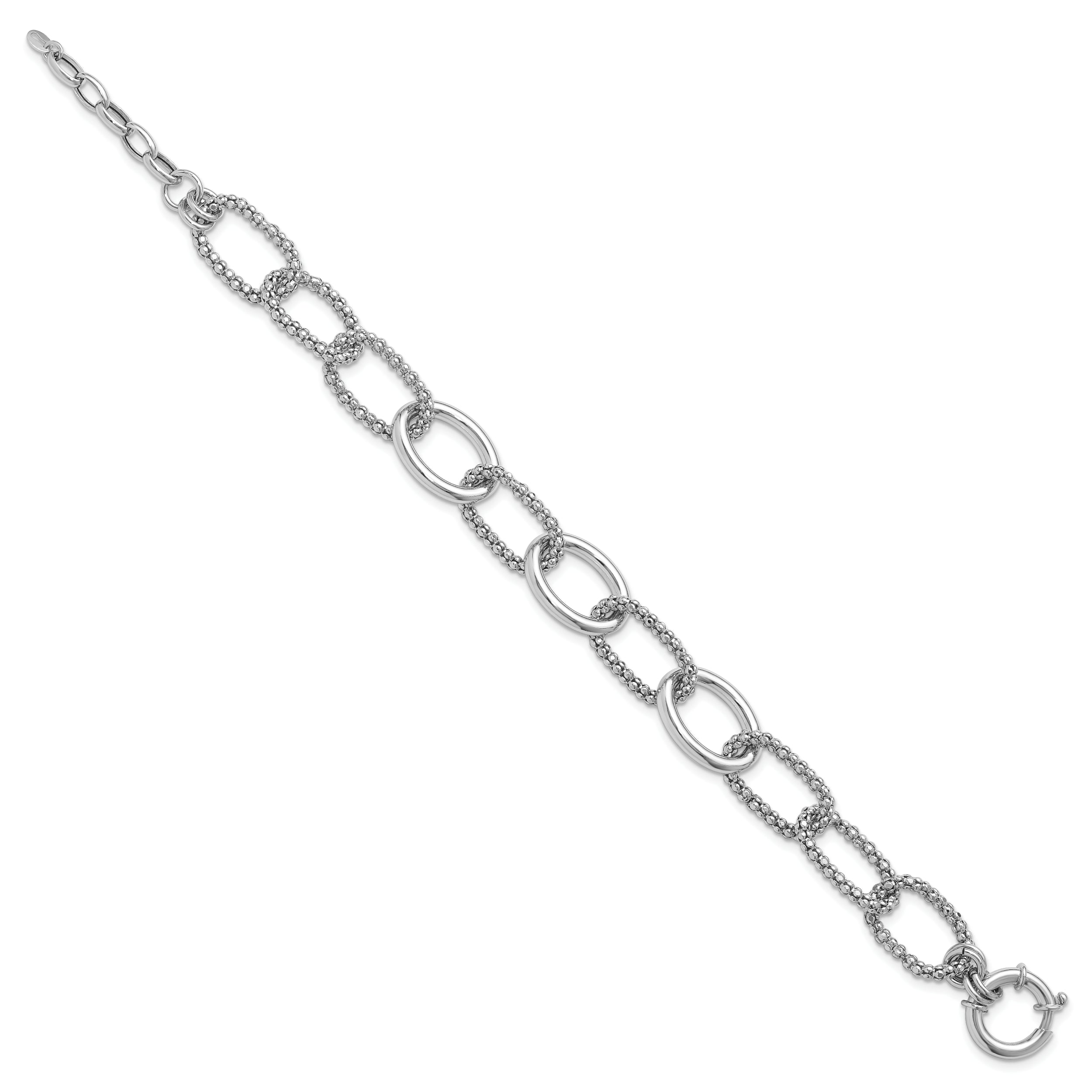 Sterling Silver Rhodium Plated Fancy Link With 1.5In Ext. Bracelet