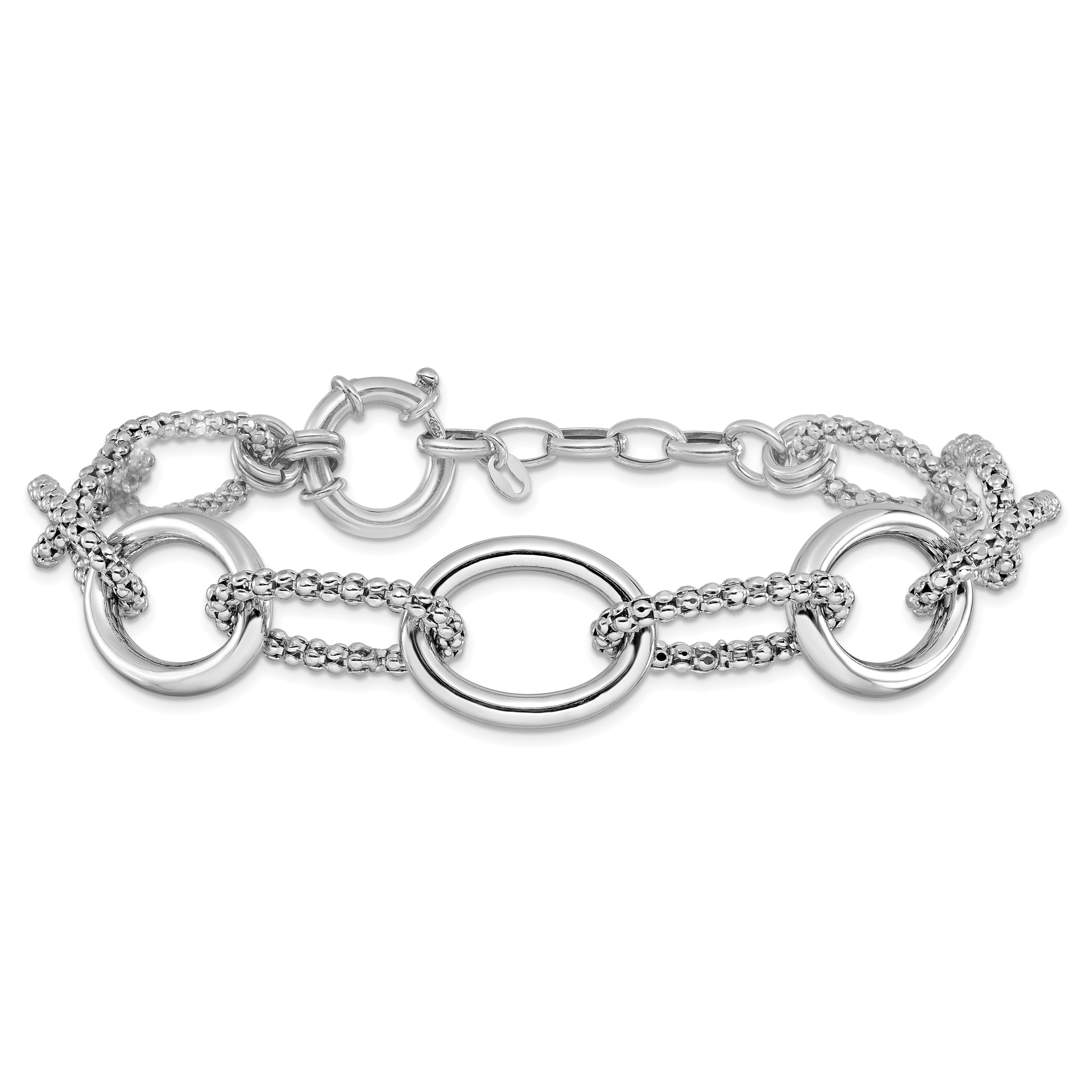 Sterling Silver Rhodium Plated Fancy Link With 1.5In Ext. Bracelet