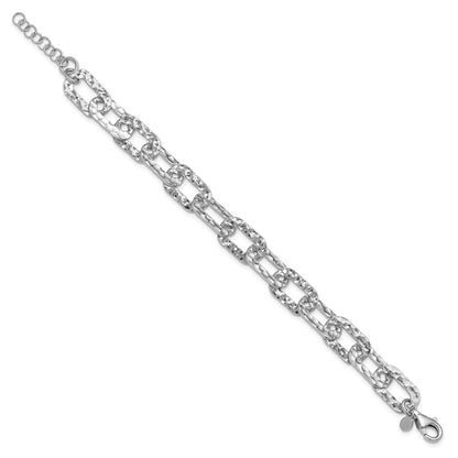 Sterling Silver Rh Pl Polished/Hammered Fancy 1In Ext. Bracelet