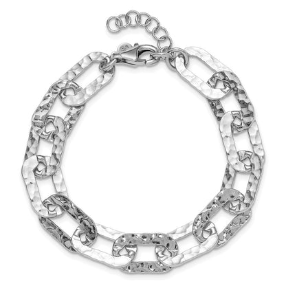 Sterling Silver Rh Pl Polished/Hammered Fancy 1In Ext. Bracelet