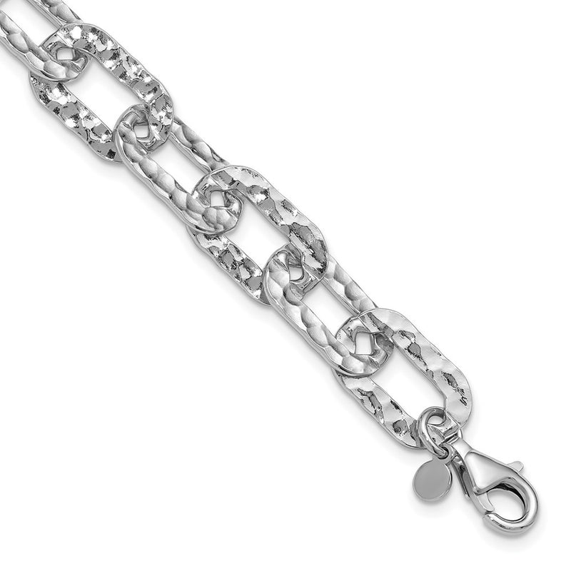 Sterling Silver Rh Pl Polished/Hammered Fancy 1In Ext. Bracelet