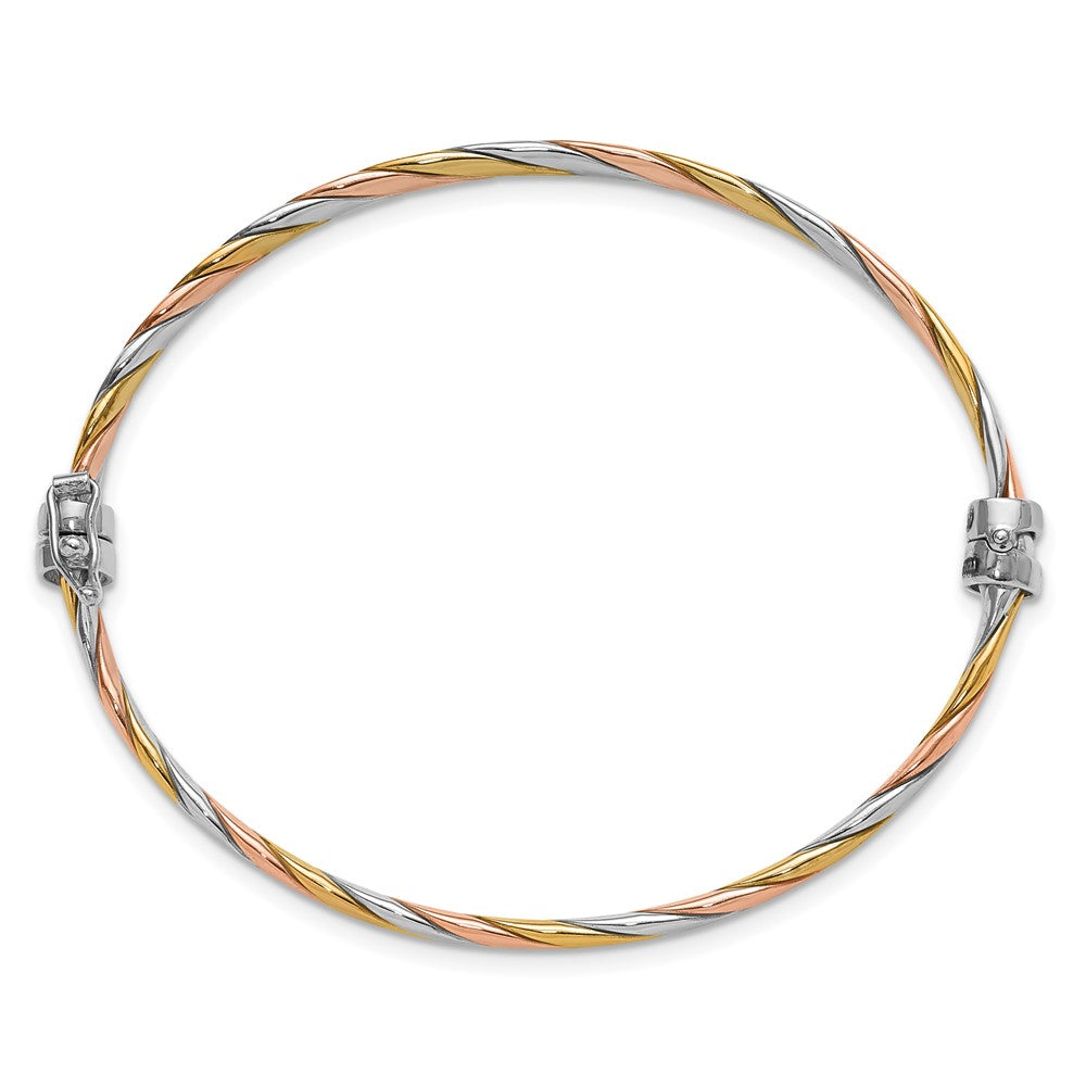 Sterling Silver Rh Plated Gold And Rose Tone Hinged Bangle