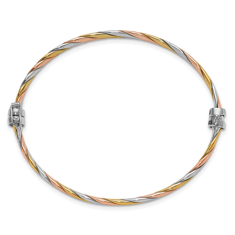 Sterling Silver Rh Plated Gold And Rose Tone Hinged Bangle