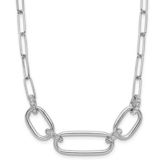 Sterling Silver Rh Plated Polished Cz With 2In Ext. Necklace