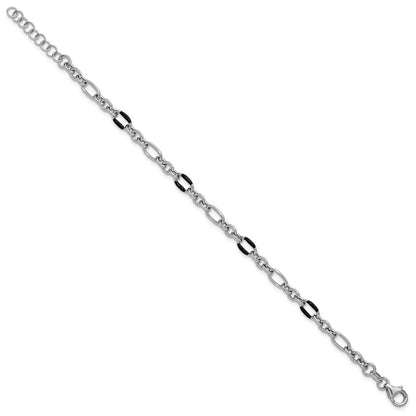 Sterling Silver Rhodium Plt Enamel Link With 1In Ext. Bracelet