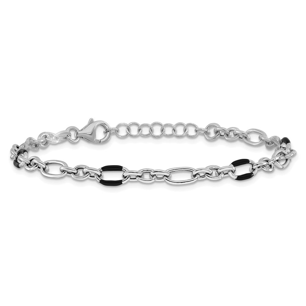 Sterling Silver Rhodium Plt Enamel Link With 1In Ext. Bracelet