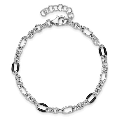 Sterling Silver Rhodium Plt Enamel Link With 1In Ext. Bracelet