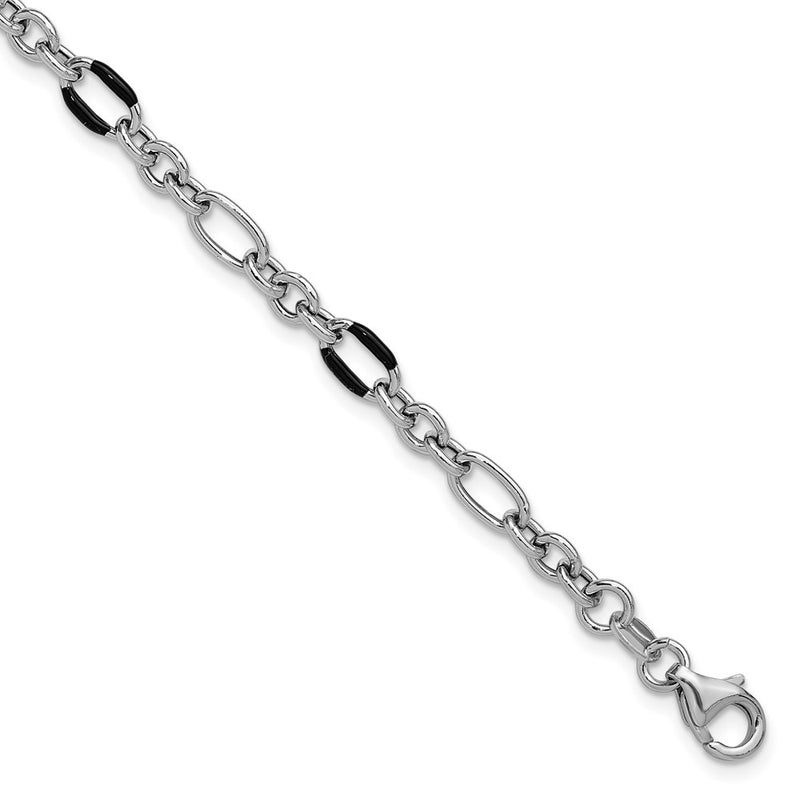 Sterling Silver Rhodium Plt Enamel Link With 1In Ext. Bracelet