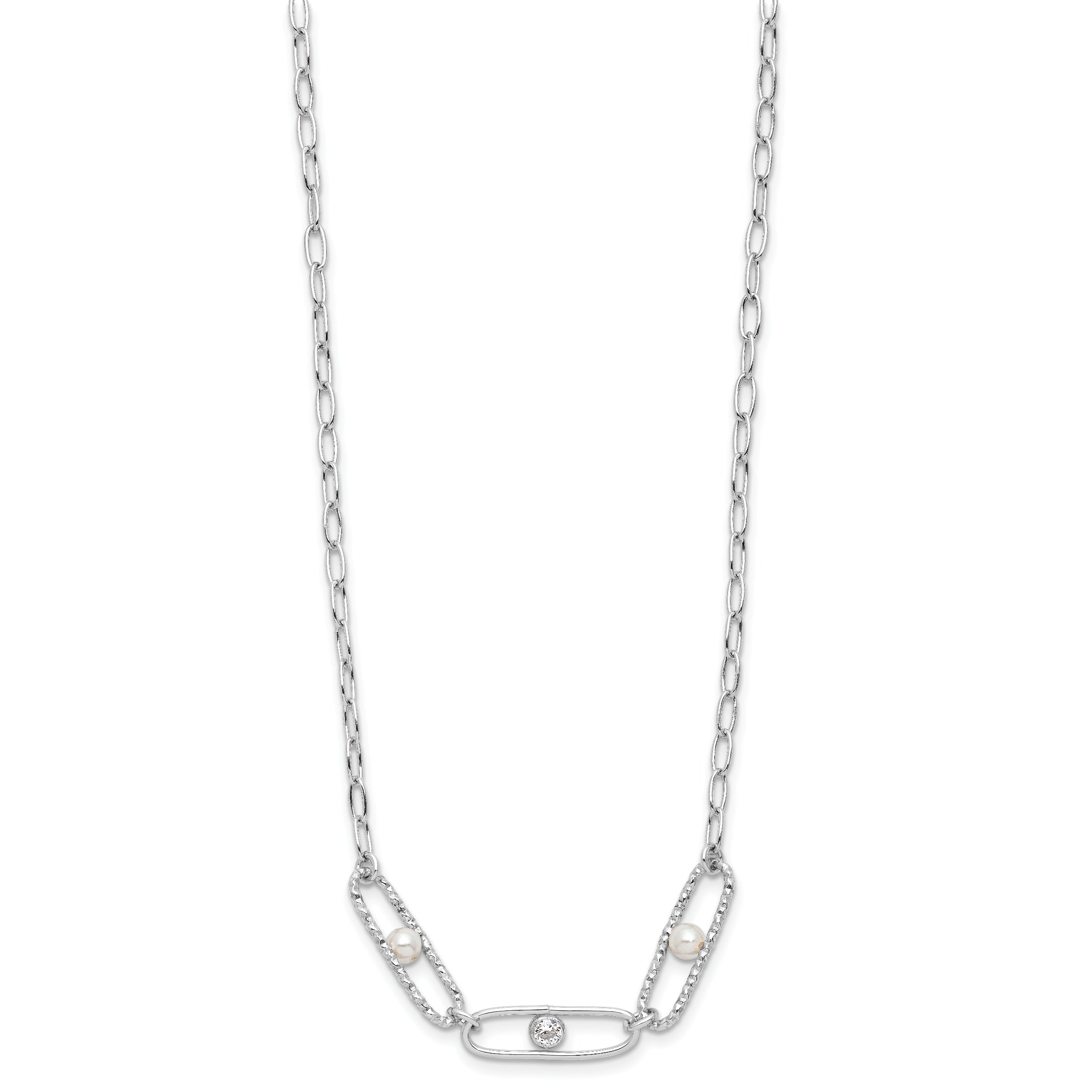 Sterling Silver Rh Plated Cz And Crystal Pearl 2In Ext. Necklace