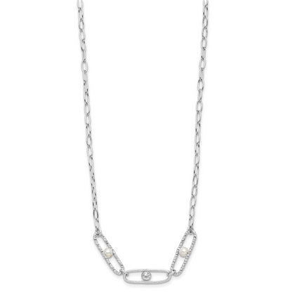 Sterling Silver Rh Plated Cz And Crystal Pearl 2In Ext. Necklace