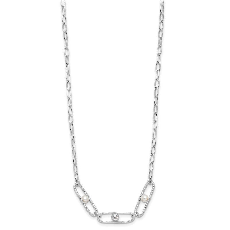 Sterling Silver Rh Plated Cz And Crystal Pearl 2In Ext. Necklace