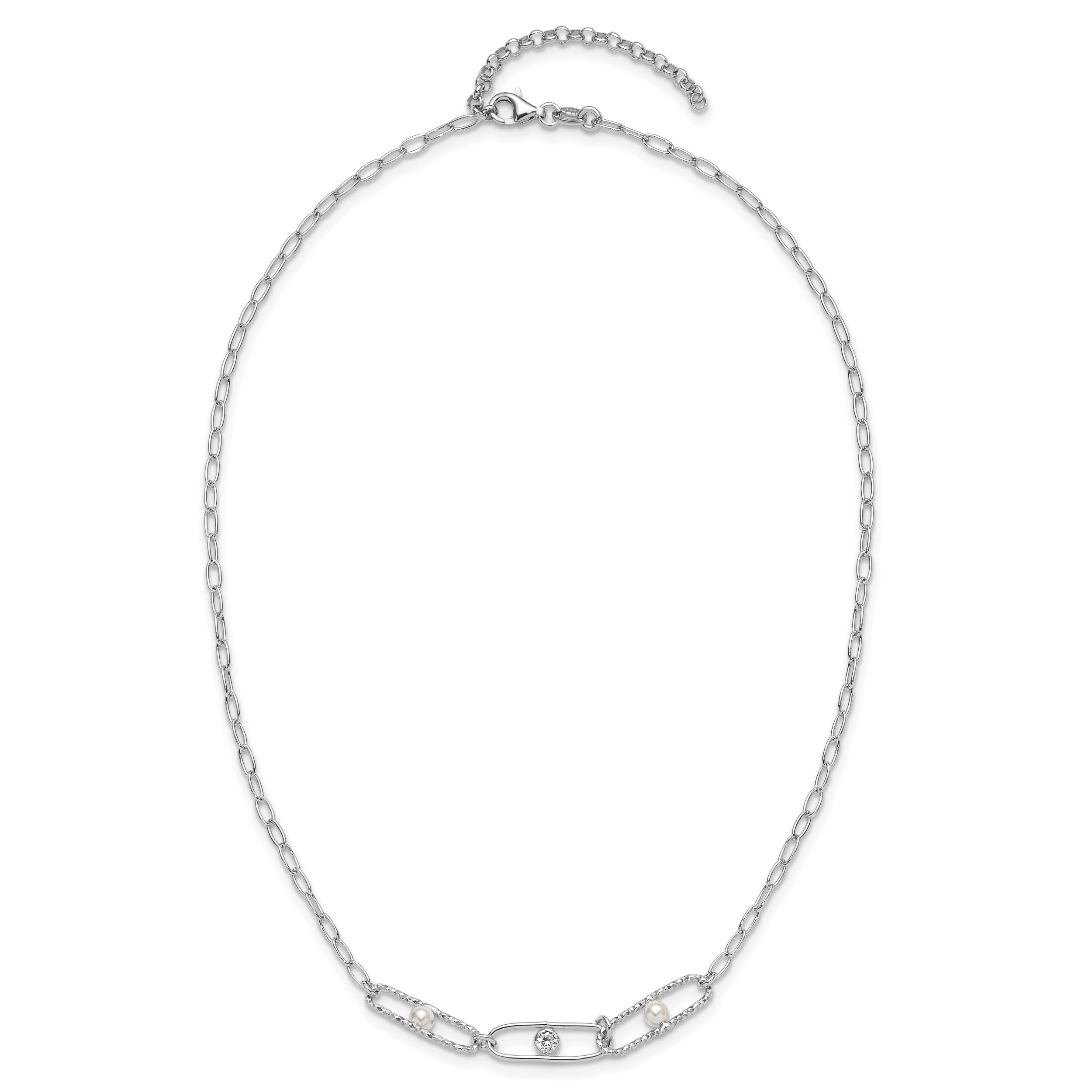 Sterling Silver Rh Plated Cz And Crystal Pearl 2In Ext. Necklace