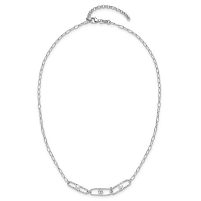 Sterling Silver Rh Plated Cz And Crystal Pearl 2In Ext. Necklace