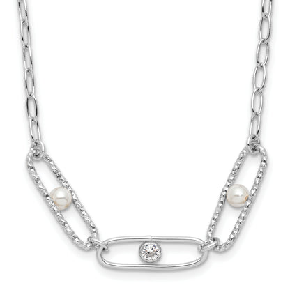 Sterling Silver Rh Plated Cz And Crystal Pearl 2In Ext. Necklace