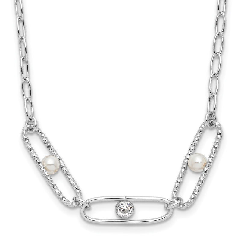 Sterling Silver Rh Plated Cz And Crystal Pearl 2In Ext. Necklace