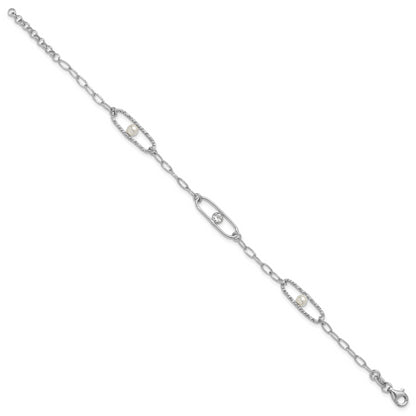 Sterling Silver Rh Plated Cz And Crystal Pearl 1In Ext. Bracelet