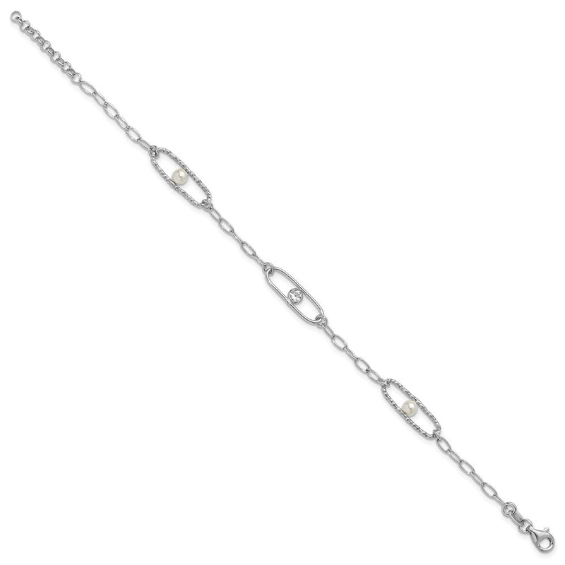 Sterling Silver Rh Plated Cz And Crystal Pearl 1In Ext. Bracelet