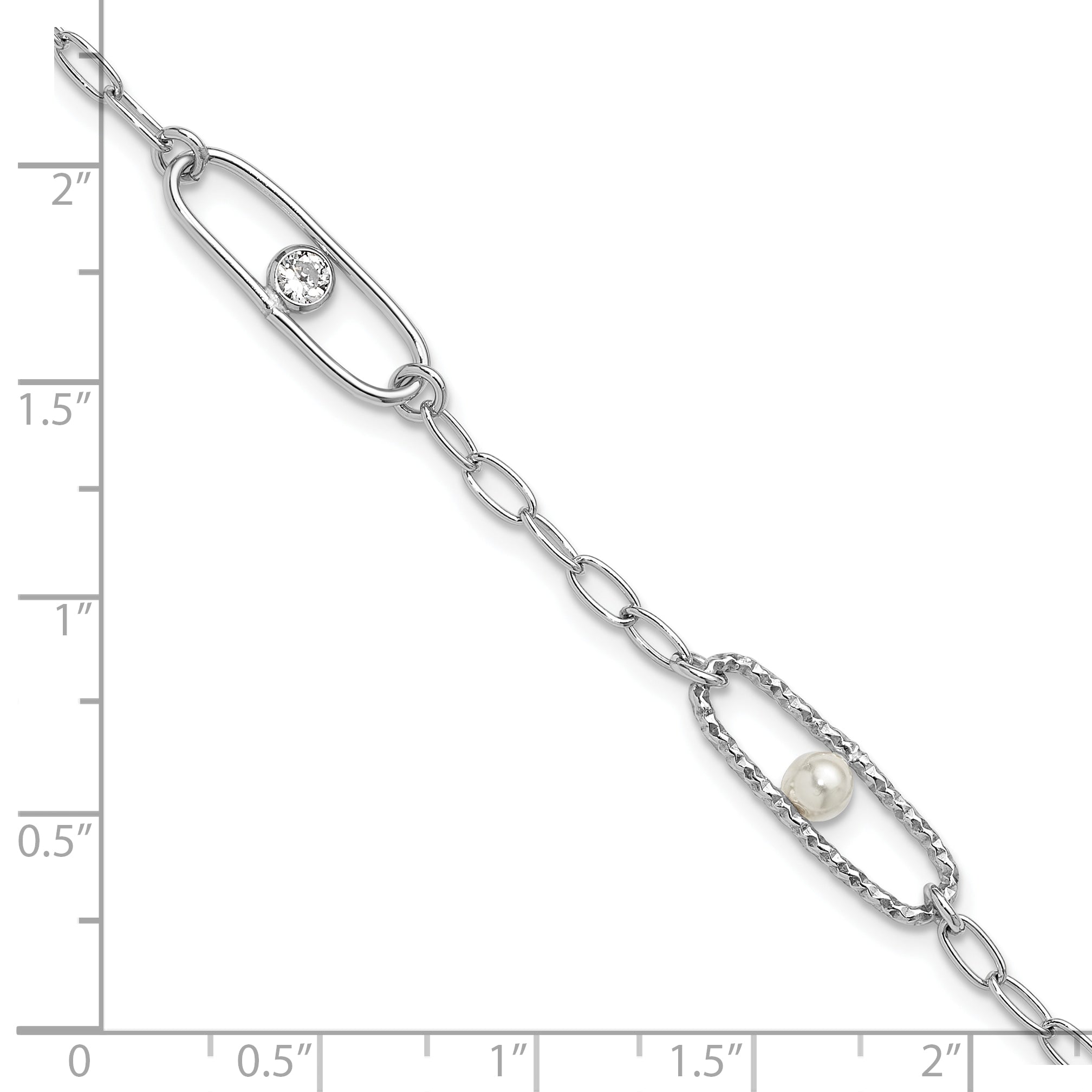 Sterling Silver Rh Plated Cz And Crystal Pearl 1In Ext. Bracelet