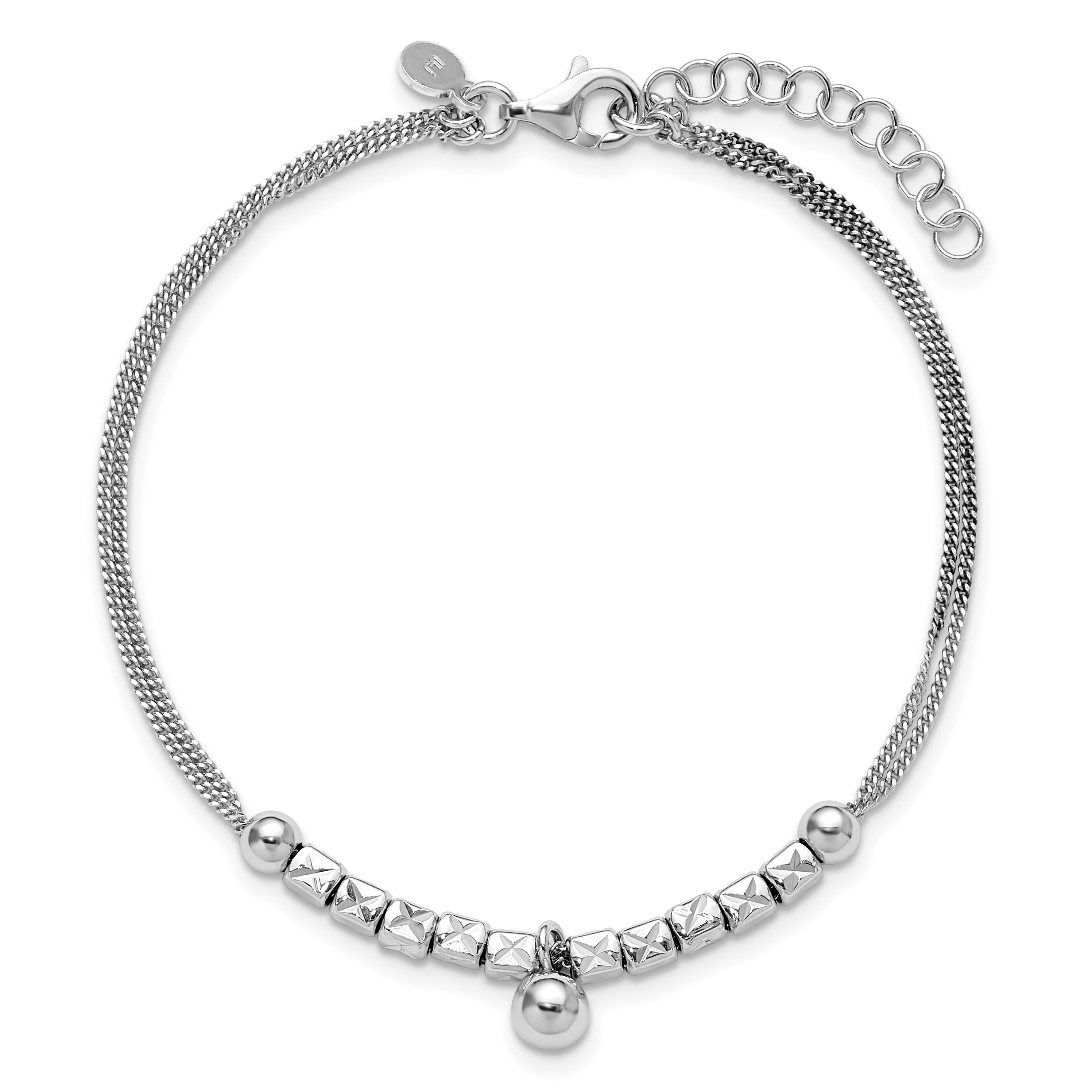 Sterling Silver Rh Plat Pol. Fancy 2 Strand 1In Ext. Bracelet