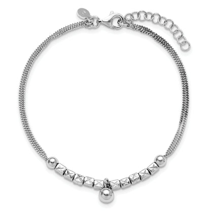 Sterling Silver Rh Plat Pol. Fancy 2 Strand 1In Ext. Bracelet