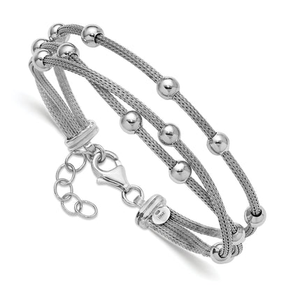 Sterling Silver Ss Rh Plated Polished 3 Strand Bead 1In Ext. Bracelet