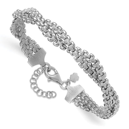 Sterling Silver Ss Rh Plated Polish/Texture Braided W/ 1In Ext. Bracelet