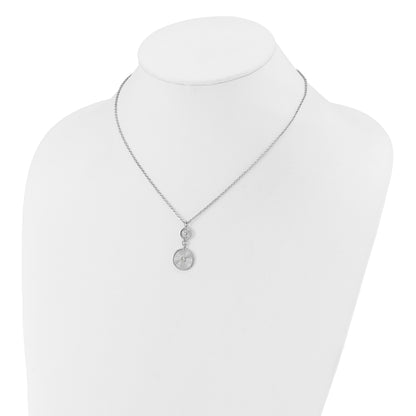 Sterling Silver Ss Rh Plated Cz Polish/Grooved Circle 2In Ext. Necklace