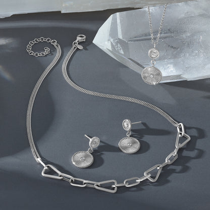 Sterling Silver Ss Rh Plated Cz Polish/Grooved Circle 2In Ext. Necklace