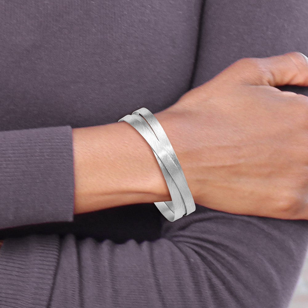Sterling Silver Rh Plate Scratch Finish Safety Clasp Bangle