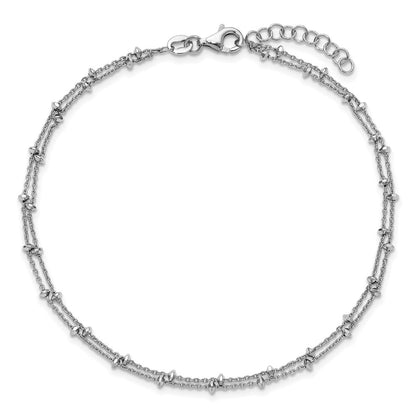 Sterling Silver Rhodium Plated Polished 2-Strand 9in Plus 1in Ext. Anklet