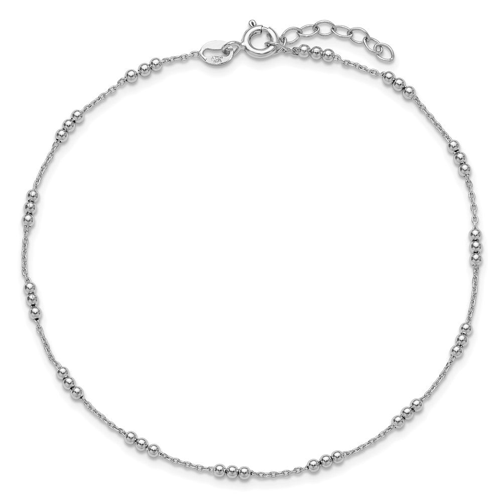 Sterling Silver Rhodium Plated Polished Bead Station 9in Plus 1in Ext. Anklet